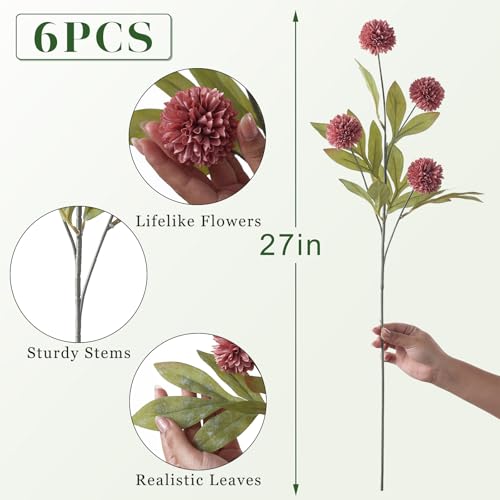 VIERENA 6 Pcs Faux Silk Pompon Mum Artificial Flowers for Vase -27", Bulk Fake Chrysanth Branches with Stems for DIY Bouquet Centerpieces Wedding Fillers Arrangements Shower Decorations (Warm Pink) - color: Warm Pink