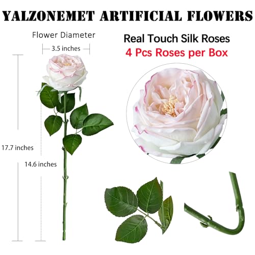 YalzoneMet 3.5'' Big Bloom Flesh Pink Rose Artificial Flowers 4Pcs Real Touch Rose Faux 17.7 Inch Long Stem Austen Roses Peonies Fake Flowers for Home Kitchen Party Christmas Flower Wedding Decor - color: Flesh Pink