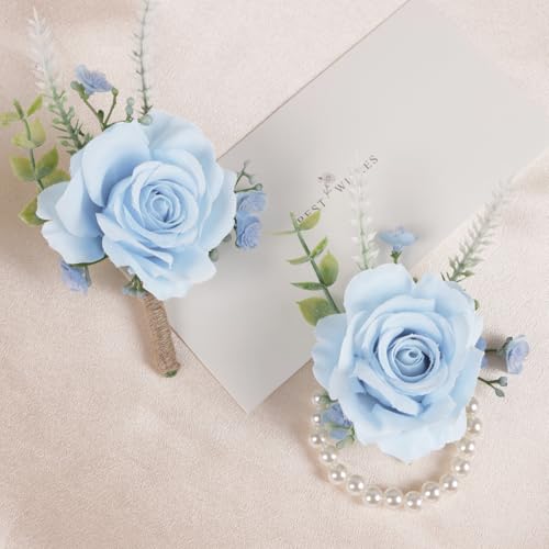 Alizeal 2Pcs of Wrist Corsage and Boutonniere Set, Artificial Flowers Accessories Suit Decor for Wedding Prom Party Homecoming Ceremony, Blue - color: 701-blue