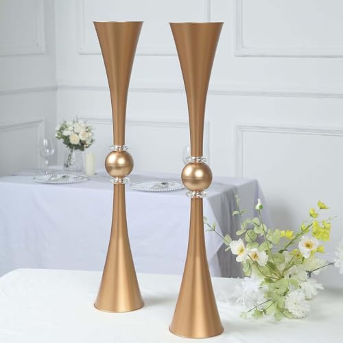 Efavormart 2 Pack | 31" Gold Crystal Embellishment Trumpet Table Centerpiece, Reversible Plastic Flower Vase - color: Gold, size: 31"