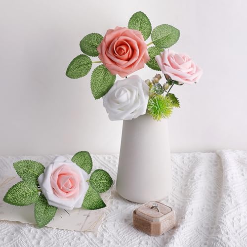 AmyHomie 25pcs Real Looking Artificial Shades of Blush Roses w/Stem for DIY Wedding Bouquets Centerpieces Arrangements Party Baby Shower Valentines Day Christmas Tree Decorations - color: Shades of Blush