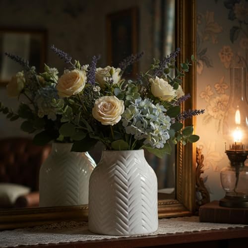 hjn White Vase for Flowers Ceramic Vase for Decor, Modern Decorative Vase, Vases for Your Kitchen/Office/Living Room/Bookshelf/Mantel - White Texture(Small) - size: 5D'' x 6H''
