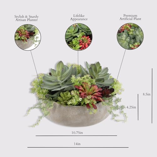 Round Faux Succulent Arrangement, 14" Premium Artificial Indoor Plant Enhances Interior Design, Display on Any Surface in Your Home Adding an Inviting Touch of Nature, Natural Planter Pot Included - size: 14" Round Natural Planter