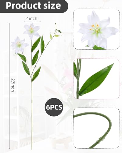 DuHouse 6 Pcs Artificial Lily Flowers, Fake Lilies Silk Flower for Table Vase DIY Wedding Bouquets Party & Home Decor(White) - color: White