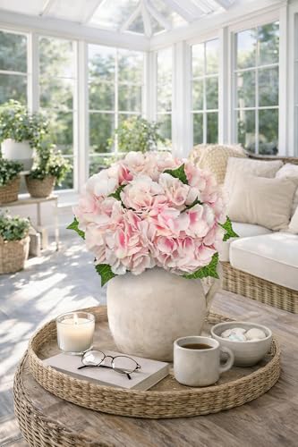 Hollyone Light Pink Hydrangea Artificial Flowers 6pcs Large Real Touch Faux Hydrangeas Silk Flowers Bouquets Fake Flower with Stems for Home Decor Indoor Wedding Kitchen Centerpiece Table Decorations - color: Pink & White