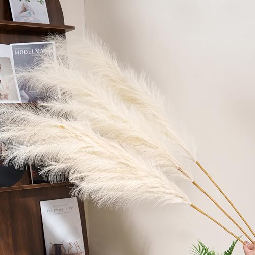 Premium Faux Beige Pampas Grass – 55" 8pcs Tall Ultra-Fluffy 24-Branch One-Piece Stems No Assembly, Luxury Silk-Feel Feather Flowers for Boho Modern Farmhouse Home Decor (Sand, 8 Stems) - color: Faux Beige, size: 8pcs 55"(140cm)