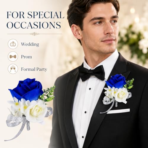 ChezMax Rose Boutonniere Handmade Flower Artificial Corsage with Clip and Ribbon 4 PCS for Bride Groom Wedding Prom Party - color: A-blue Boutonniere-4 Pcs