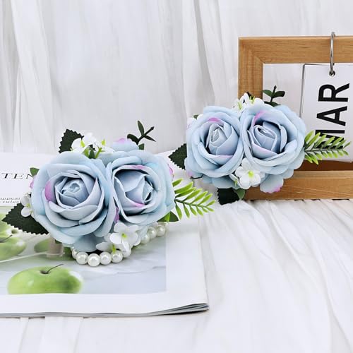 2PCS Light Blue Rose Wrist Corsage Wristlet Band and Men Boutonniere Set, for Wedding Anniversary Artificial Flowers Accessories Prom Party Suit Decorations - color: Light Blue