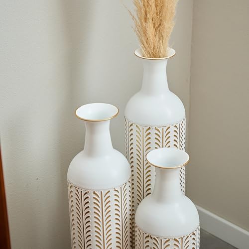 Metal Floor Vases Decorative, Set of 3 Flower Arrangement Stand, Tall Gold＆White Metal Floor Vases for Living Room, Bedroom & Entryway, 33.4", 28.74", 24.1" H (White＆Gold) - color: White＆gold