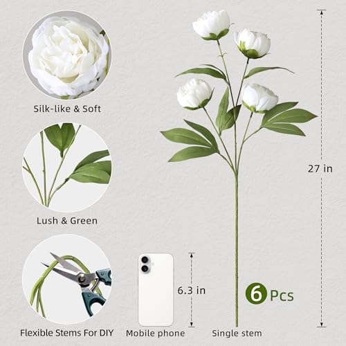 florisso 6 Pcs 27" Faux Silk Artificial Peony Flowers, Fake Peony Branches for Vase DIY Bouquet Centerpieces Wedding Shower Decorations, White - color: White