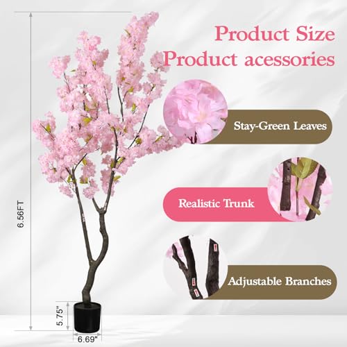6.56ft Tall Pink Artificial Cherry Blossom Tree Decor, Fake Silk Flower Plant Indoor, Sakura Tree Realistic Faux Cherry Tree for Christmas New Year Home Decor - color: Pink-ap18