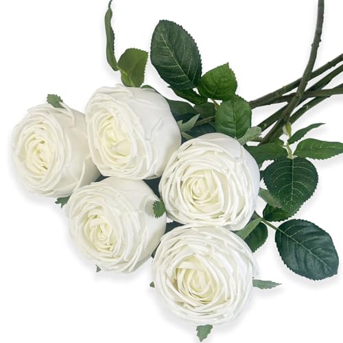 5Pcs White Real Touch Silk Flowers - Lifelike Roses Peony | Lifelike White roses & peonies with soft latex touch, no watering needed. Perfect for wedding bouquets, home decor & DIY - color: White