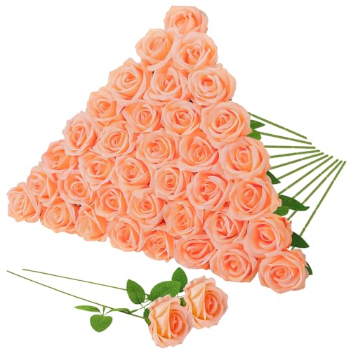 36 Pcs Peach Pink Artificial Roses with Long Stems, Fake Silk Rose Artificial Flowers Bulk for Bridal Wedding Bouquet Centerpiece Ball Arrangement Party Decor - color: Peach Pink