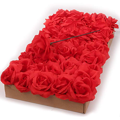 Larksilk Red Roses 50pcs Real Touch Faux Flowers for Wedding Centerpieces | Bulk red roses for centerpieces, garlands, and bouquets; real-touch artificial blooms with stems for wedding crafts - color: Red