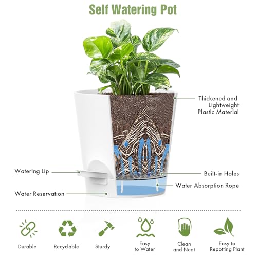 WSMKSZ 4 inch Self Watering Pots for Indoor Outdoor Plants, 6 Pack Plastic Flower Planters with Drainage Holes and Removable Saucers, Plant Pots with Wicking Rope, Modern Decor, White - color: White, size: 4inch 6pcs