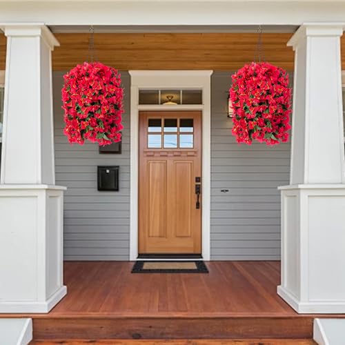 INSPRING Artificial Bougainvillea Faux Flowers Plants Baskets for Outdoor Outside Decoration, 3PCS Fake Silk Flowers Long Trailing Vines UV Resistant Realistic for Front Door Porch Patio (Red) - color: Red