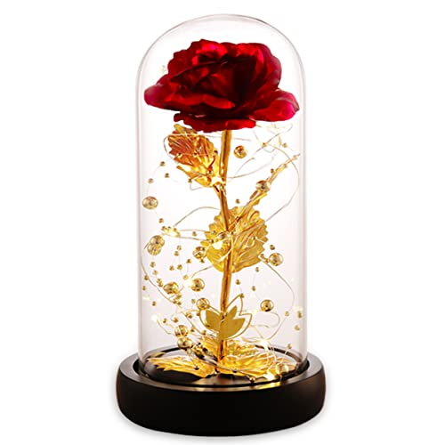 Mothers Day Forever Preserved Flower Rose Gifts for Mom, Beauty and the Beast Rose, Birthday Gifts for Women, Eternal Rose in Glass Dome, Blessing Valentine Flowers Gift for Mother Wife - color: Bright Gold - Red