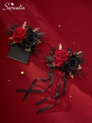 Serwalin Corsage and Boutonniere Set,2Pcs Red and Black Rose Corsage Wristlet and Pocket Boutonniere for Men Prom Wedding Homecoming Anniversary Graduation - color: Red and Black