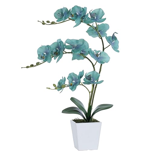 Faux Orchid in Vase Large Artificial Orchid in Ceramic Vase Teal Silk Orchids with Stems Real Look Potted Fake Flowers Arrangement Centerpiece Table Decorations for Home Decor Indoor, Golden Blue - color: Y-golden Blue
