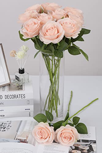 JUSMAI 12pcs Roses Artificial Flowers Pink Fake Roses Flowers with Long Stems Silk Flowers for Wedding Bouquet Centerpices Decorations Party Bridal Baby Shower Home Decor - color: Blush, size: 12PCS