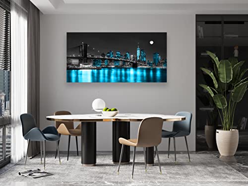 Aibonnly Wall Art Canvas Painting Black White and Blue New York Brooklyn Bridge 1 Piece Cityscape Night Building Picture Poster Print Framed for Living Room Bedroom Kitchen Office Home Decor - color: Black, size: 40"L x 20"W