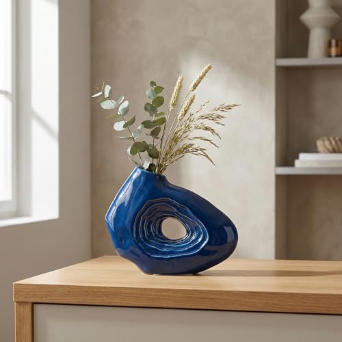 Sunddo Blue Ceramic Vase for Modern Home Decor - 7 Inch Small Donut Vase, Boho Style Decorative Vase for Flowers, Bathroom, Shelf Centerpiece - color: Blue, size: 7 inch