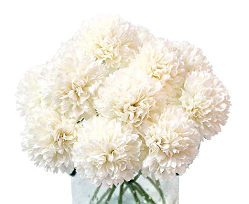 12pcs White Artificial Flowers Fake Flowers Silk Artificial Chrysanthemum Ball Hydrangea Bridal Wedding Bouquet for Home Garden Party Decor (White) - color: White 12pcs
