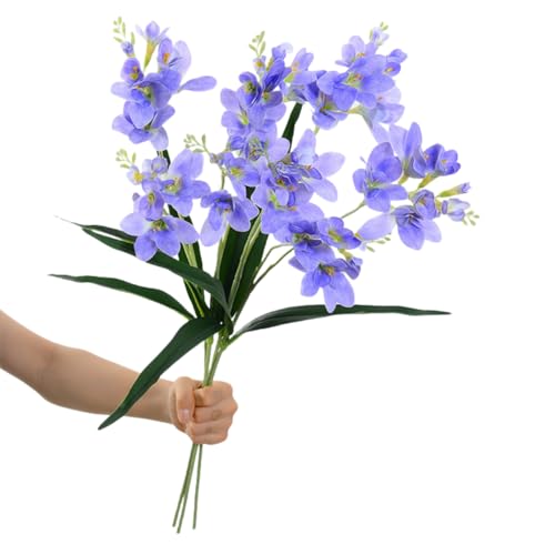4pcs Freesias Flowers Artificial with Long Stem,24"Real Touch Dendrobium Plants Fake Orchid Leaves,Faux Larkspur Flowers for Outdoor Table Garden Party Wedding Bouquet Fillers,Patio Decor (Blue) - color: Blue