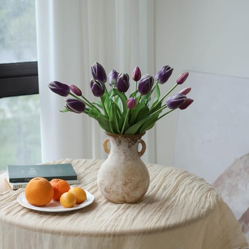 mizii 15Pcs Purple Tulips Artificial Flowers Latex Plastic Real Touch Fake Tulips Flowers Look Real Faux Tulip Flower Bouquet Decoration for Vase Room Table Centerpieces Home Decor (Dark Purple) - color: Dark Purple