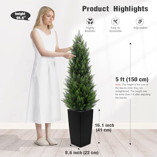 5FT Tall Artificial Cedar Topiary Tree with Compact Pyramidal Shape, Realistic Faux Cypress in Square Black Pot with Fillable Water Bag, Outdoor Evergreen for Front Porch Garden Home Decor - color: Black-pyramid Topiary, size: 5ft-1pack