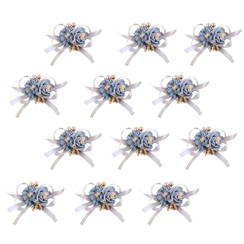Dusty Blue Wrist Corsages Set of 12 for Bridal Bride Bridesmaid Artificial Hand Flower Formal Party Wrist Corsage Wristlet Band Wedding Prom Homecoming - color: Dusty Blue Corsage ( 12pcs )