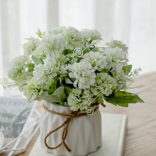 TKAS Fake Flowers Arrangement in Ceramic Vase, Artificial Faux Silk Hydrangea, Small Realistic Dried-Style Floral, Dining Table Centerpiece for Wedding Party Home Decoration (Green) - color: Green