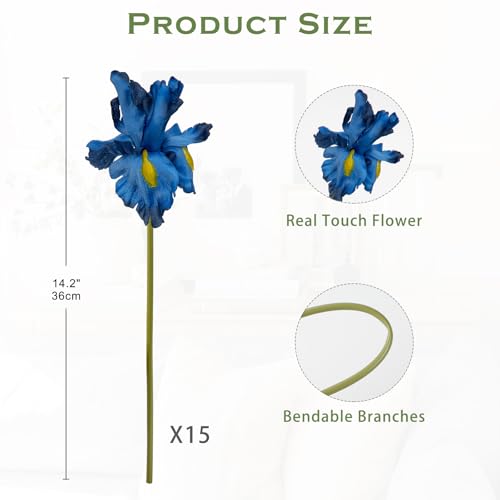 Hollyone Iris Artificial Flowers 15Pcs Faux Iris Blue Flowers 14.2" Real Touch Fake Flowers Picks Bouquets for Wedding Bridal Home Arrangements Office Table Centerpieces Decor - color: Blue