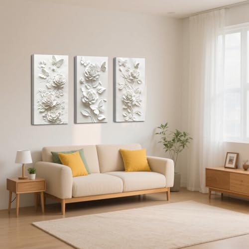 SWQYLB 3 Panel Flower Wall Art 3D Relief Floral Canvas Painting Abstract Butterfly & Rose Pictures Prints White Textured Wall Decor for Home Framed (White, 16x8inchx3 Pieces) - color: White, size: 16x8inchx3 Pieces