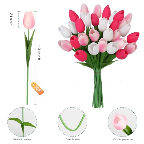 Artificial Tulips Flowers Fake Latex Tulip Stems - 30pcs Real Touch Faux Multicolor Tulips Flower for Easter Spring Wedding Bouquet Centerpiece Floral Arrangement Cemetery Table Decor - color: White,pink,rosy 01