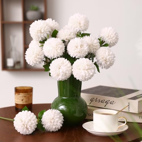 Floweroyal 24pcs Artificial Chrysanthemum Ball Flowers, Fake Mums Silk Hydrangea Bridal Wedding Bouquet for Home Garden Party Office Coffee House Decoration (White) - color: White-24pcs