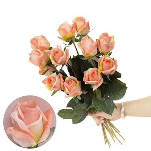 12pcs Half Opened Artificial Rose Buds,17 Inch Real Touch Silk Roses with Partially Opened Flowers, Artificial Flower for Home Décor Centerpiece Wedding Bouquet,Orange - color: Orange