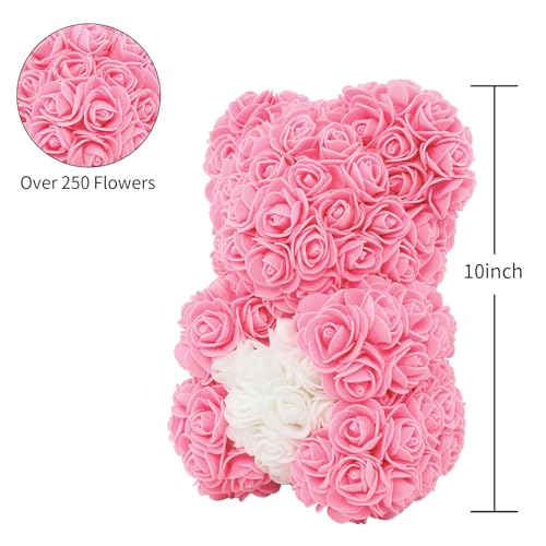 DuHouse 10 inch Rose Bear Artificial Plant for Anniversary, Birthdays, Bridal Showers - Fully Handmade, Unique Gift Box(Pink White Heart) - color: Pink White Heart