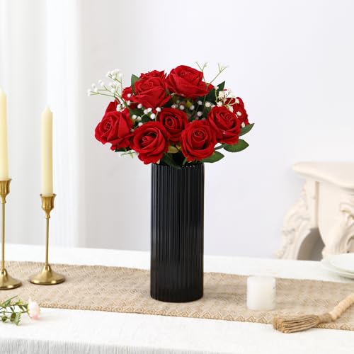 Black Glass Vase for Flowers, Ribbed Glass Vase for Tulips, Black Modern Vases, Tall Cylinder Glass Vases for Living Room, Bedroom, Dining Table, Office, Wedding, Bookshelf, 10 Inches - color: Black, size: 10''