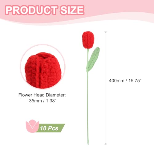 MECCANIXITY Tulip Crochet Flowers, Artificial Knitted Tulip Flower Completed Handmade Tulips Bouquet for Gift Home Birthday Wedding Decoration, Red Pack of 10 - color: Red