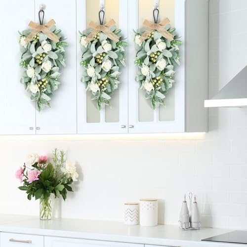2 Pcs 24" Artificial White Rose Teardrop Wreaths Swag Spring Summer Flower Berries Swags Wreath White Floral Hanging Wreaths for Kitchen Cabinet Doors Window Wall Wedding Party Home Decor - color: Lamb Leaf Swags