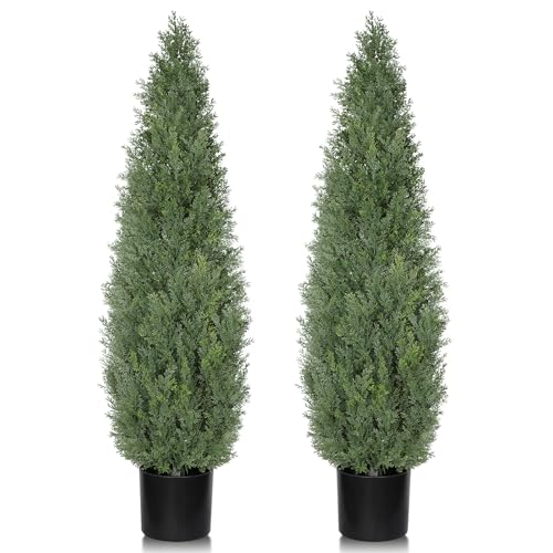 Artificial Cedar Topiary 4 FT Faux Cedar Trees for Outdoor Planters Evergreen Plant, 48 inch UV Rated and Lush Fake Cypress Tree Shrubs for Gateway Front Door Porch Patio Garden, Set of 2 - color: Light Green, size: 4 FT