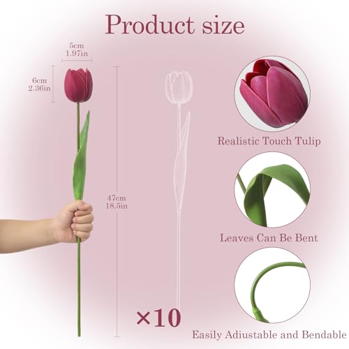 Deep Red Fake Tulips,18.5" PU Artificial Tulips Flowers for Spring Easter Home Kitchen Wedding Bouquet Bulk Mother's Gift Day Decorations - color: Deep Pink