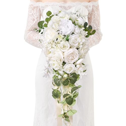 Serwalin 11 Inch Wedding Bouquets for Bride Bridesmaid, White Rose Bridal Bouquets for Bride, Wedding Flowers Bouquet Tossing Bouquet, Ceremony and Anniversary - color: White