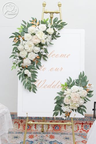 Odouzy Pack of 2 Wedding Arch Decorations Artificial Hanging Flowers Floral Swag for Wedding Welcome Sign Backdrop Balloon Arch Home Party Bridal Ceremony Reusable(White) - color: White