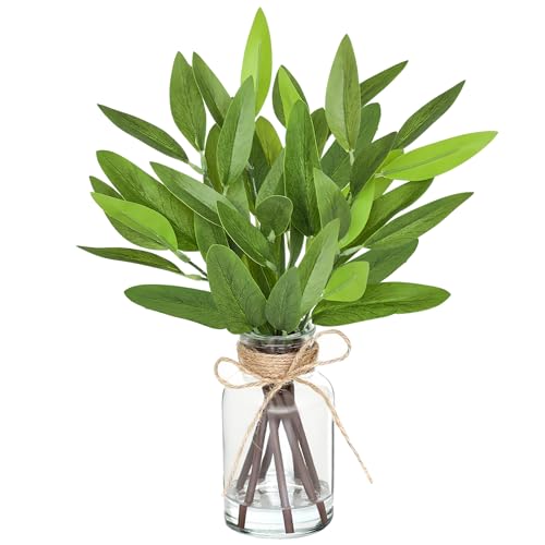 13" Fake Eucalyptus Stems in Vase with Faux Water,Artificial Plants Leaves for Shelf Desk Bathroom Farmhouse Room Coffee Table Home Decor (Eucalyptus-Pointed Leaf) - color: Eucalyptus-pointed Leaf