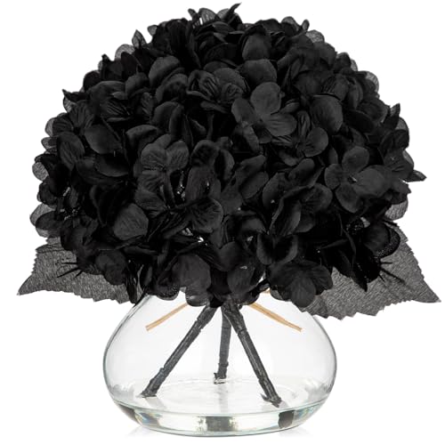 Hollyone Hydrangea Fall Flowers Artificial for Decoration with Glass Vase Black Silk Faux Flowers Arrangements in Vase with Faux Water Fake Floral Bouquet Table Centerpiece Halloween Home Decor - color: Hydrangea, Black