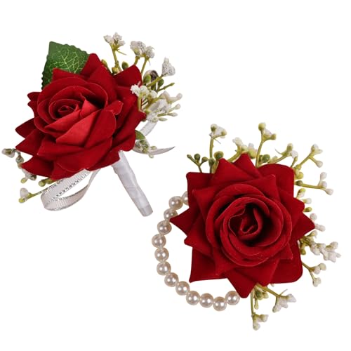 Alizeal 2Pcs of Wrist Corsage and Boutonniere Set, Artificial Flowers Accessories Suit Decor for Wedding Prom Party Homecoming Ceremony, Wine Red - color: 701-wine Red