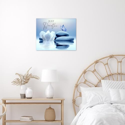 LB Zen Wall Art for Bathroom Butterfly and White Water Lily Flower on Blue Canvas Wall Art Wall Paintings Home Decor Modern Wall Pictures for Living Room Bedroom Office Ready To Hang,16x12 Inch - color: Blue, size: 12"L x 16"W