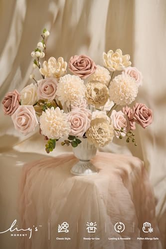 Ling's moment Fake Flowers Box, Faux Artificial Greenery Stems Foam Dahlia Roses Silk Willow Fabic Flower for Centerpieces Bouquet Wedding Vase Decorations, Dusty Rose & Cream & Blush, Grand Combo - color: Pk-dusty Rose & Cream & Blush, size: Grand